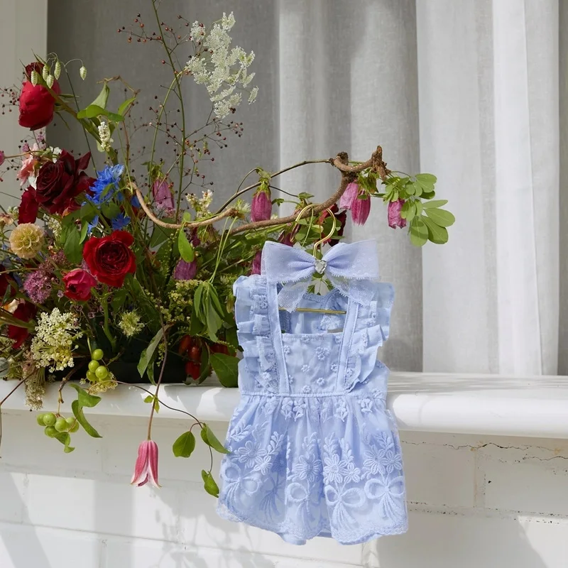 1/Set de moda para mascotas, vestido de princesa con mangas voladoras de encaje de verano, vestido de malla de peluche, camiseta sin mangas fina para perros y gatos, tocado con lazo, ropa para cachorros