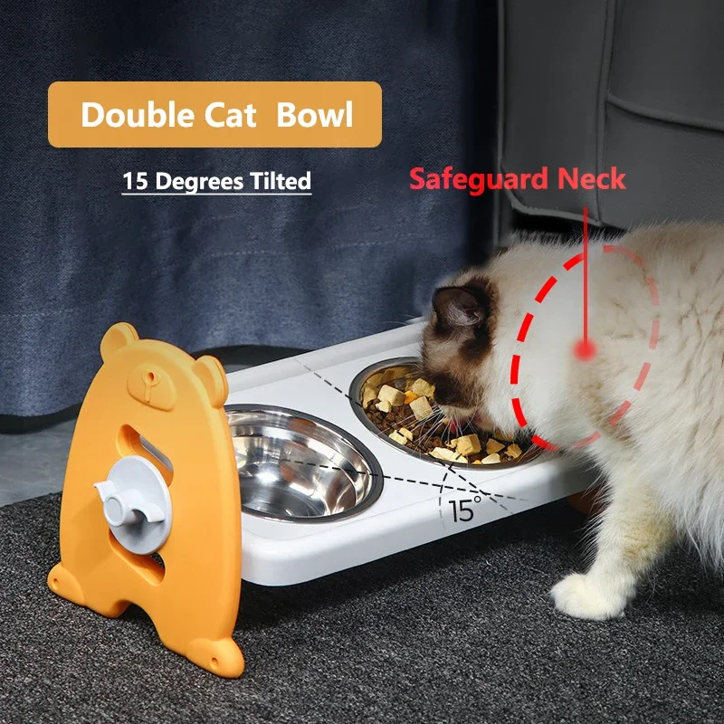 Cuenco doble para mascotas con ajuste de altura, protege el cuello, suministros para mascotas, 15 °   Cuenco inclinado para gatos