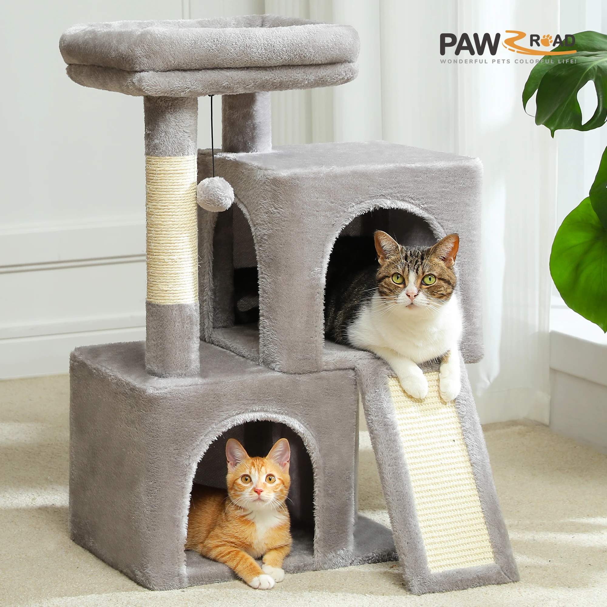 Árbol para gatos pequeño con condominio doble, rampa para rascar de Sisal y postes, percha acolchada, torre para gatos para interior, casa de gato de peluche, cama, juguetes para gatos