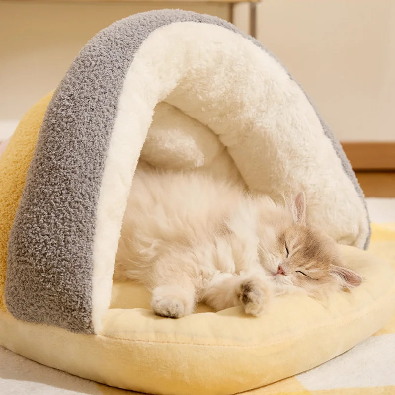 Cama cálida de invierno para gatos, saco de dormir semicerrado para gatos, Mini perros, casa de peluche suave para gatitos, cueva, accesorios para gatos - imagen 4