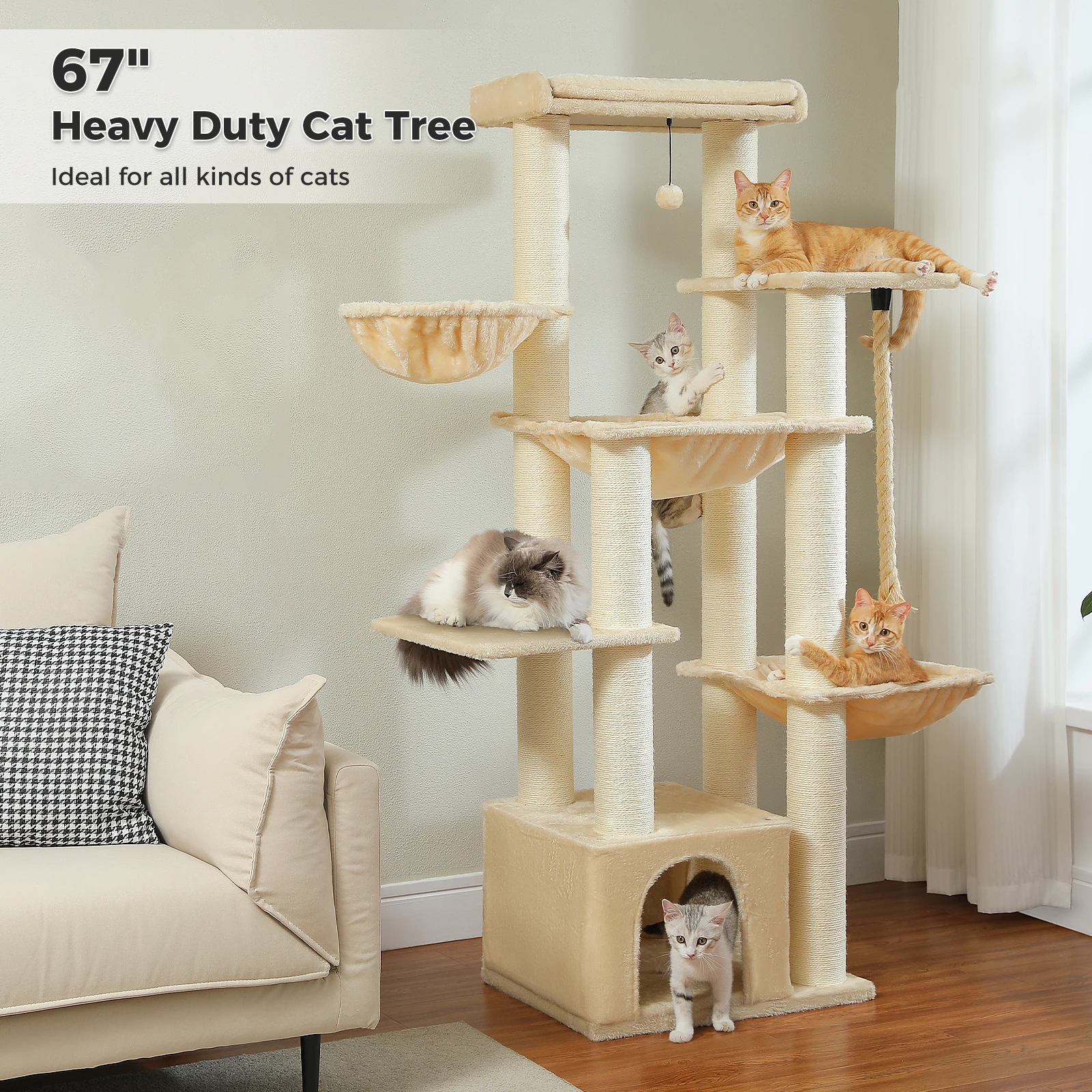 Árbol rascador alto para gatos de interior con postes de sisal gruesos