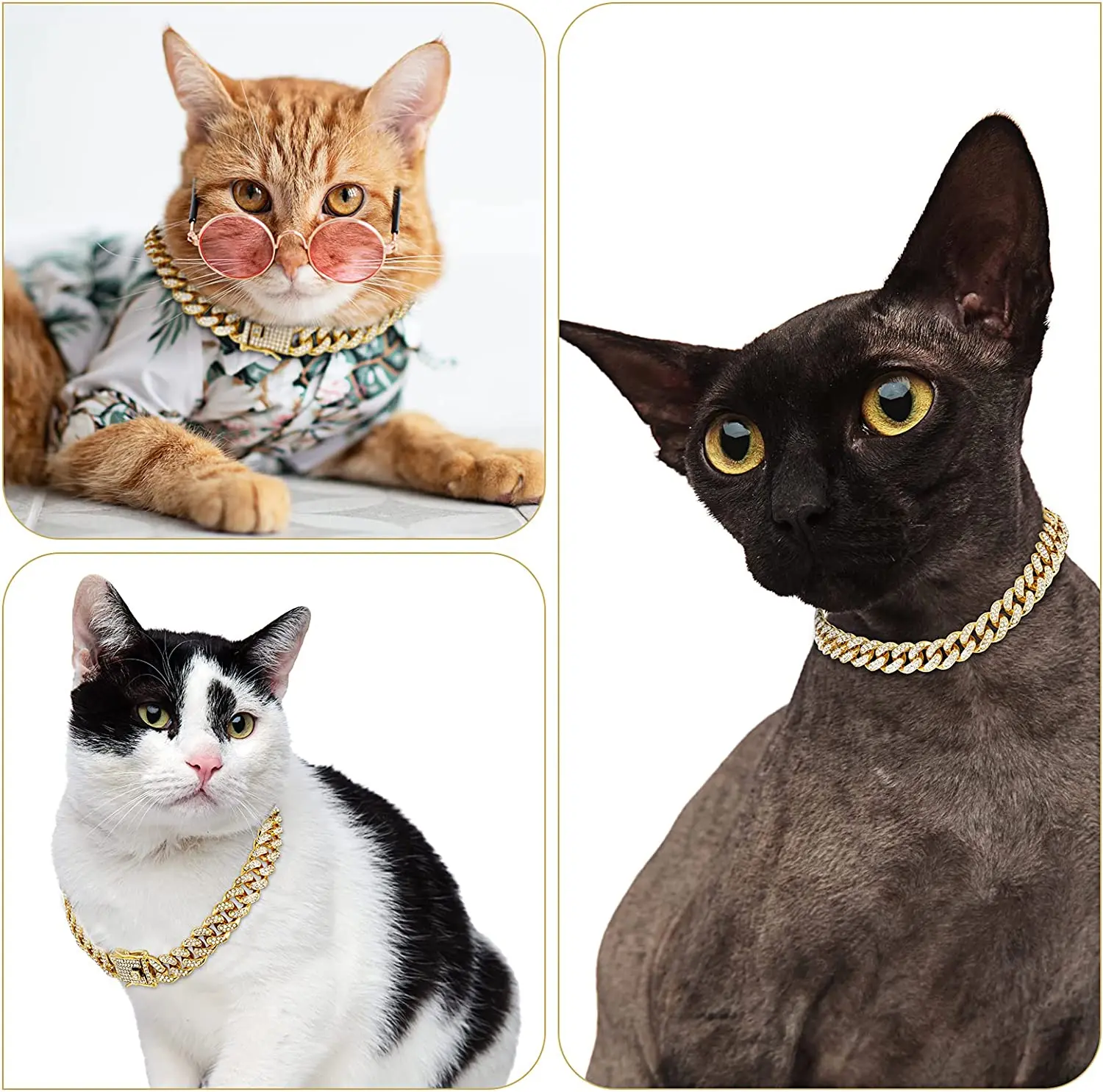 Luxury Cuban Link Cat Necklace Jewelry Rhinestone Collar Cat Gold Chain Kitten Wedding Prom Costume Accessories for Cats Puppy - imagen 5