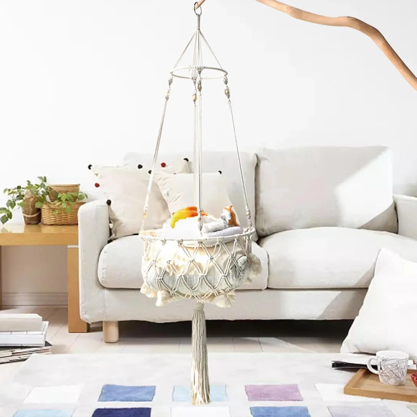 Macrame Cat Bed Hammock Cat Cage Decorative Cotton Rope Pet Hanging for Wall