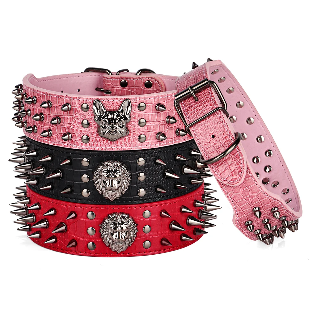 Collares de cuero con tachuelas y pinchos afilados de 2 pulgadas de ancho para perro Pitbull, Bulldog, collares grandes ajustables para perros medianos y grandes, Boxer Pitbull - imagen 2