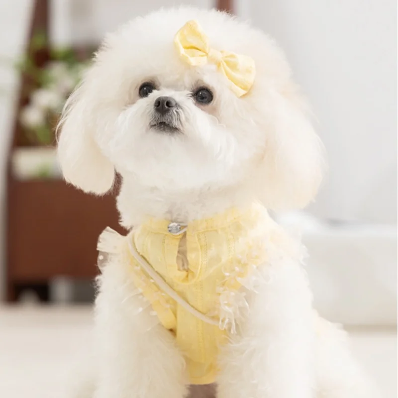 Chaleco de encaje a la moda para perros, ropa para perros de estilo Pastoral, sudadera de verano para cachorros con bolsa, camisa bonita con lazo para gatos, chaleco para mascotas, disfraz de caniche - imagen 3