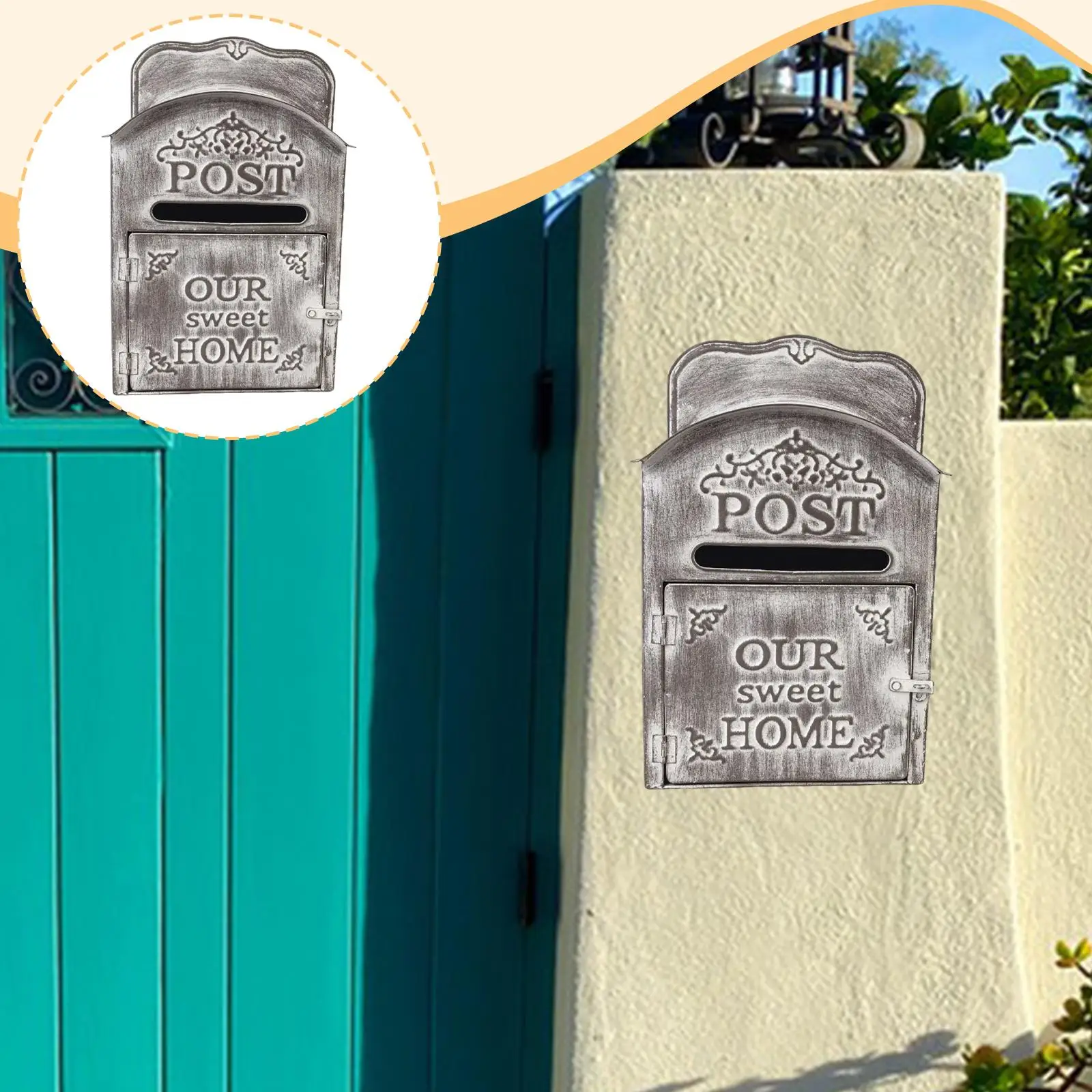 Buzón decorativo de hierro, accesorios montados en la pared, decoración multifuncional para Patio exterior, caja de cartas ornamental de 9,8x5,3x15,7 pulgadas