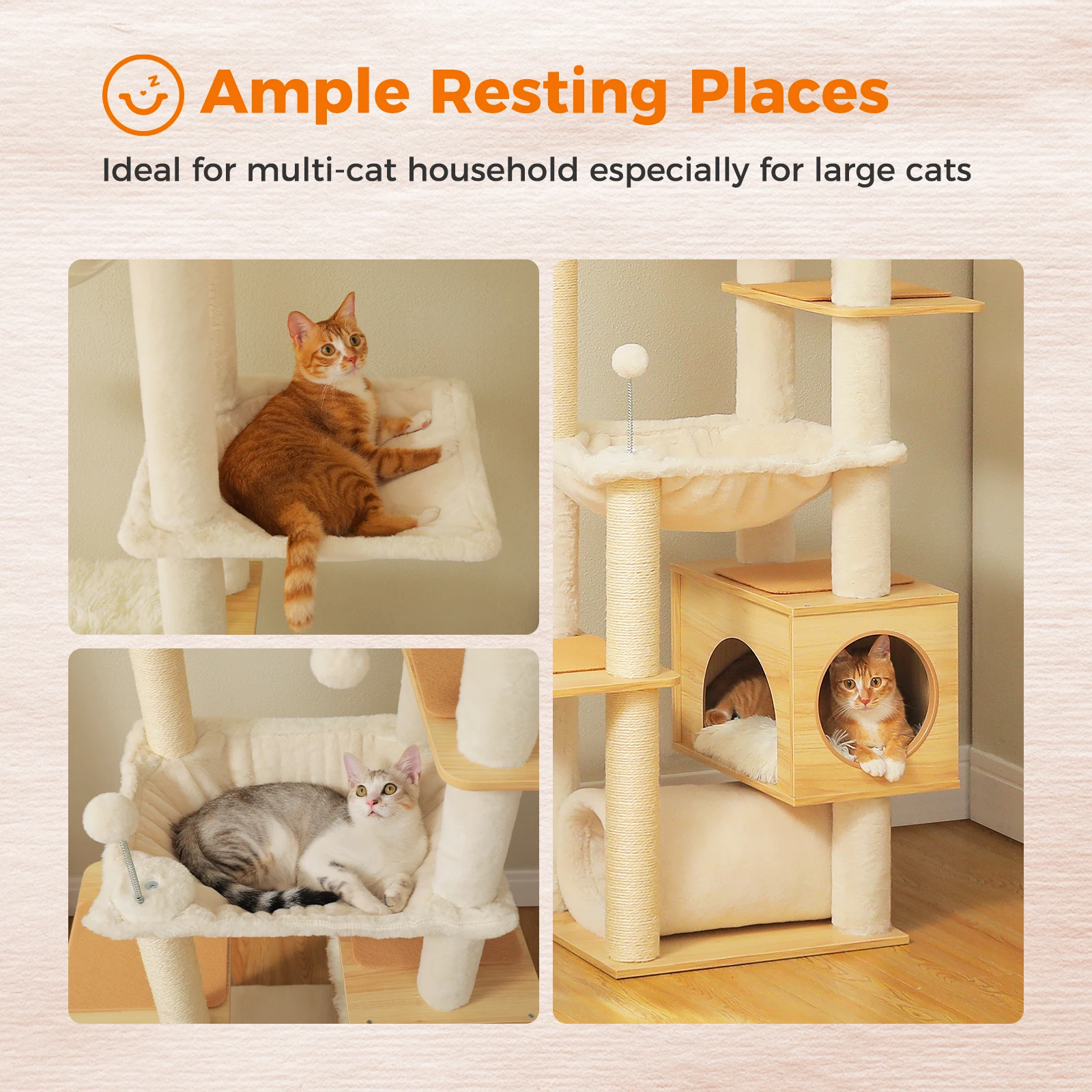 Árbol para gatos de madera ajustable en altura con hamaca grande, postes rascadores de Sisal, torre para gatos de piso a techo, acogedor Condo para gatos para interior - imagen 3