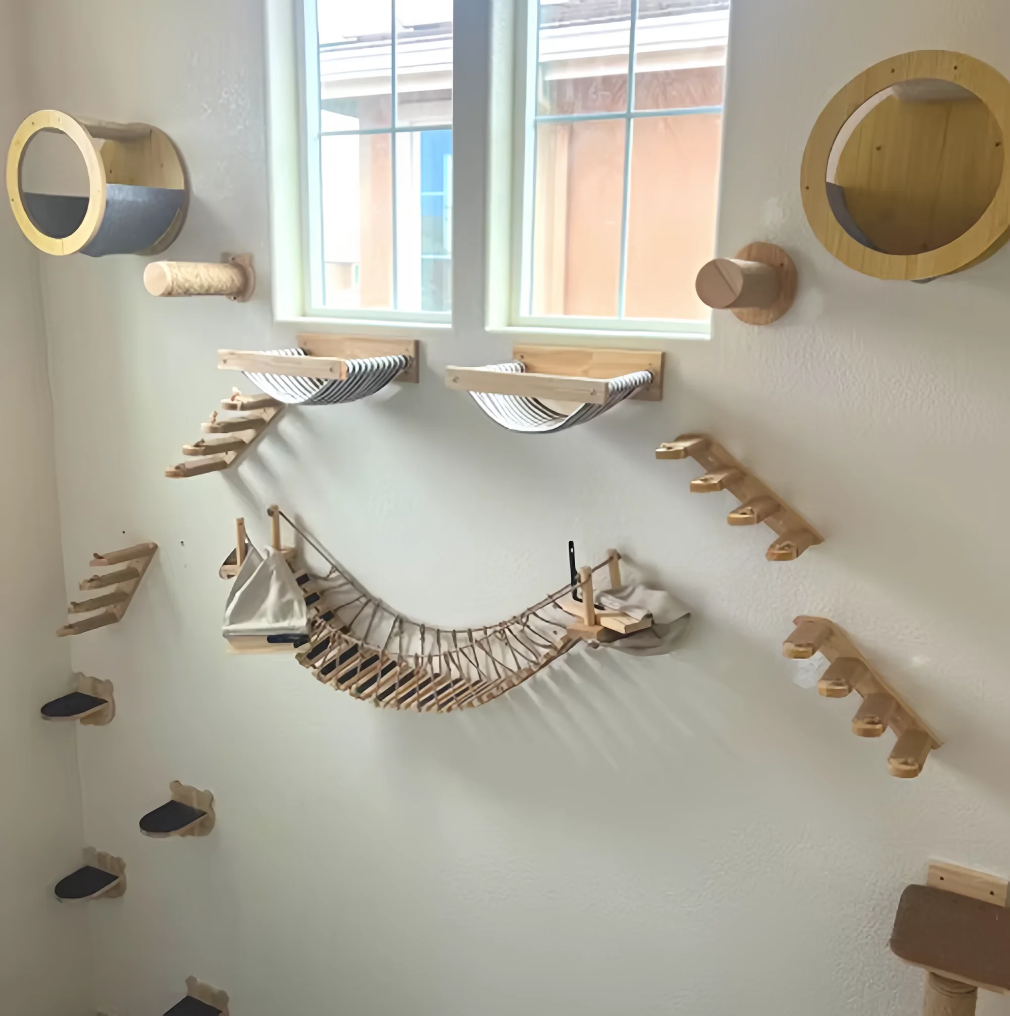 Marco de escalada para gatos, poste rascador de Sisal para gatos, montado en la pared, cuatro escalones, Pedestal de madera, jaula para gatos montada en la pared