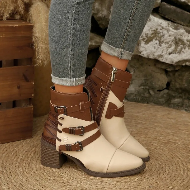 Botas con punta redonda y cremallera para mujer, zapatos de tacón alto para mujer, Stiletto de diseñador de lujo, moda Rock, tela aterciopelada de goma de gran tamaño - imagen 5