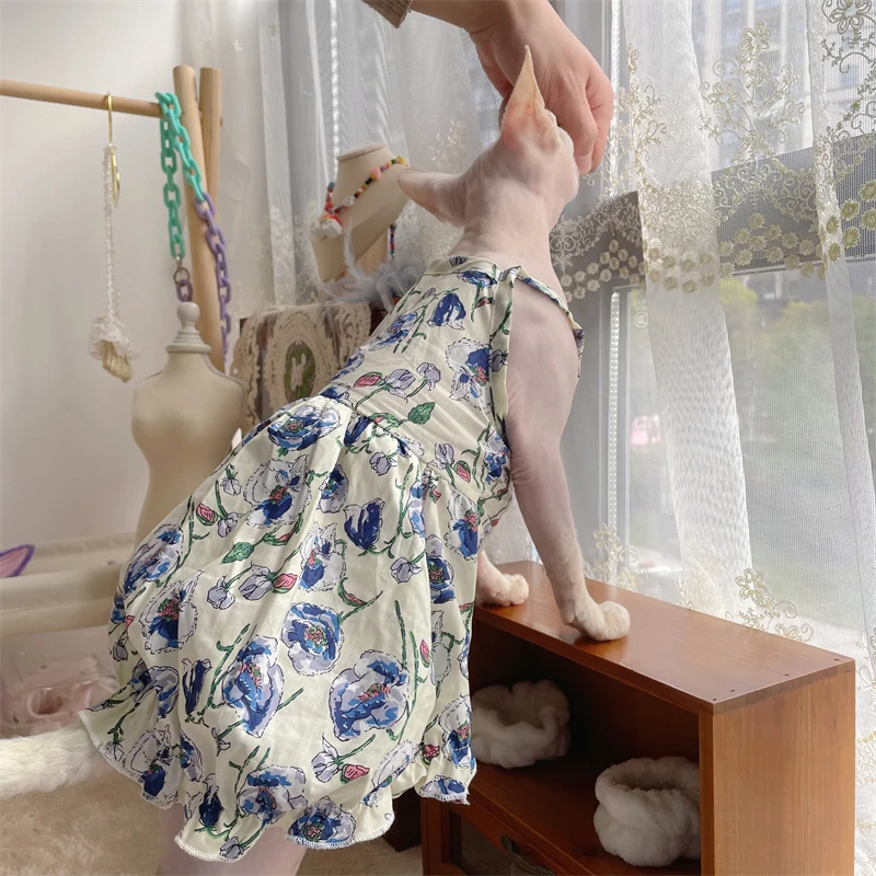 Sphynx Cat Slip Dress Lace Floral Cotton Skirt para ropa de gato sin pelo Vestido de material suave para Devon Rex Summer Spring Outwear - imagen 4