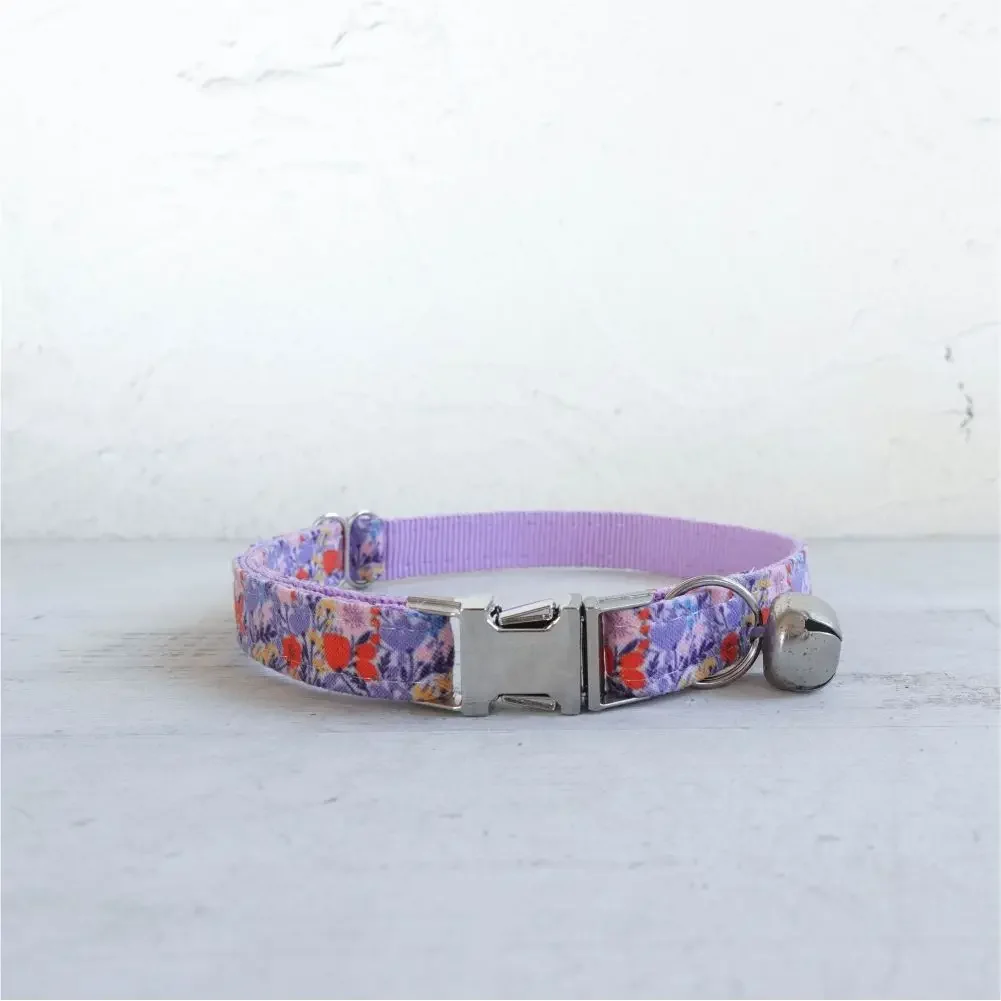 Collar de gato personalizado con grabado gratuito, correa para mascotas a juego, hebilla de Metal de contactos personalizados, Collar pequeño para mascotas con flores moradas - imagen 2