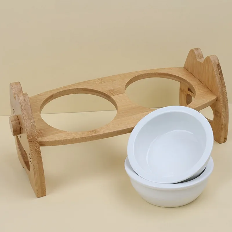 Cuenco de cerámica para comida para gatos, alimentador elevado de bambú para mascotas, vajilla, dispensador de agua para perros, contenedor para beber para cachorros y gatitos de altura ajustable - imagen 3