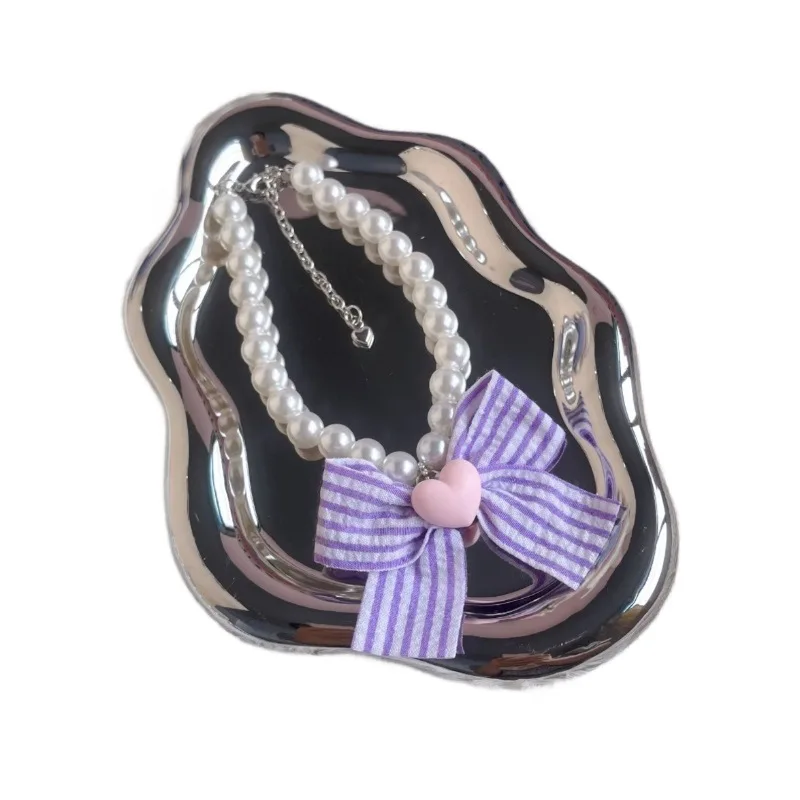Collar de perlas de primavera para mascotas, Collar ajustable para gato/perro, lazo a cuadros contrastante, accesorios para perros pequeños - imagen 5