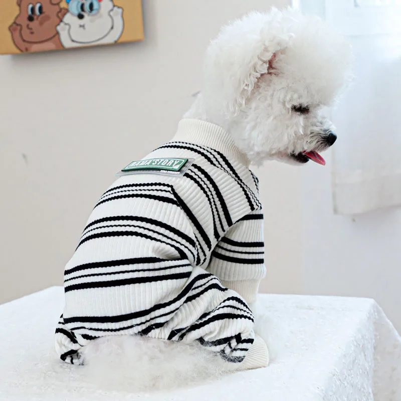 Pijama para perro y gato, Mono Blanco y negro con capucha y rayas de 4 Patas, ropa para perros pequeños, Mono para cachorro, pijama PJS # L
