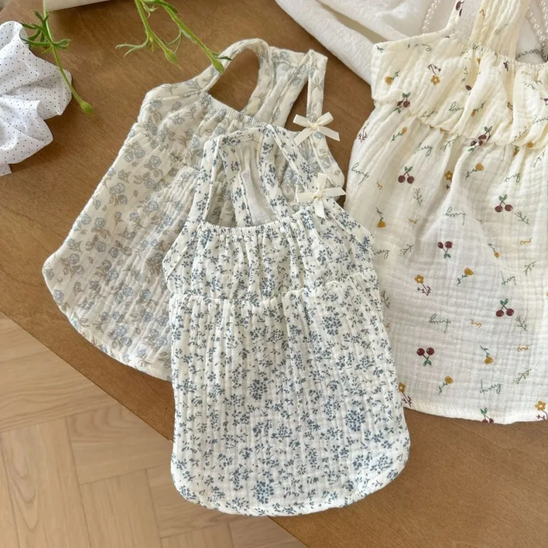Ropa para mascotas, camisa con lazo, chaleco de flores de verano, camisola, vestido, pijamas para el hogar, camiseta para perros pequeños, falda Base, trajes para cachorros