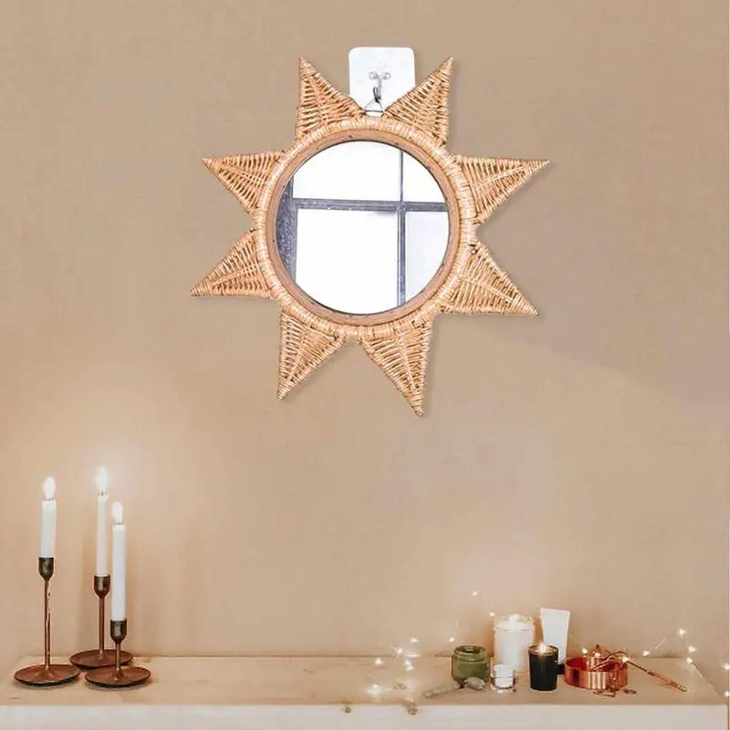 Espejo de pared decorativo de ratán, colgadores montados en la pared, tocador de baño, maquillaje, Mantel de entrada - imagen 4