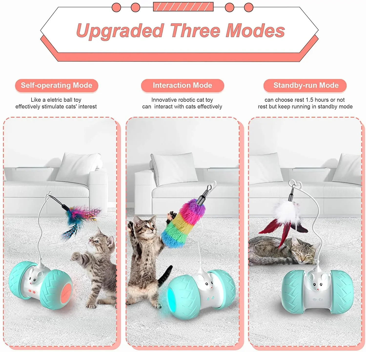 Juguetes interactivos para gatos de interior, juguetes automáticos para gatitos electrónicos con ratón y 3 plumas para gatos para jugar al ejercicio solo - imagen 2