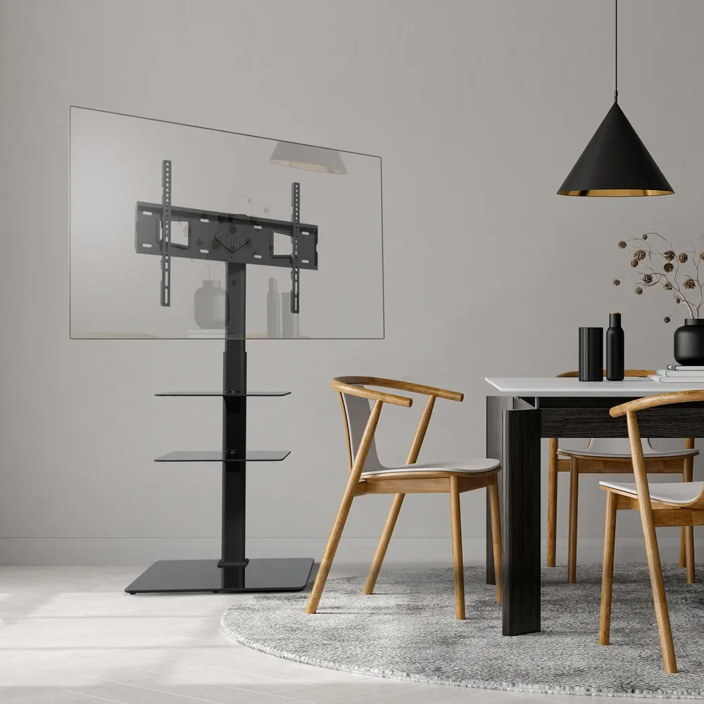 Soporte de suelo para TV ajustable en altura inclinable, carrito de exhibición con ruedas de bloqueo, dos estantes, Cable HD gratuito para 26-65 pulgadas - imagen 2