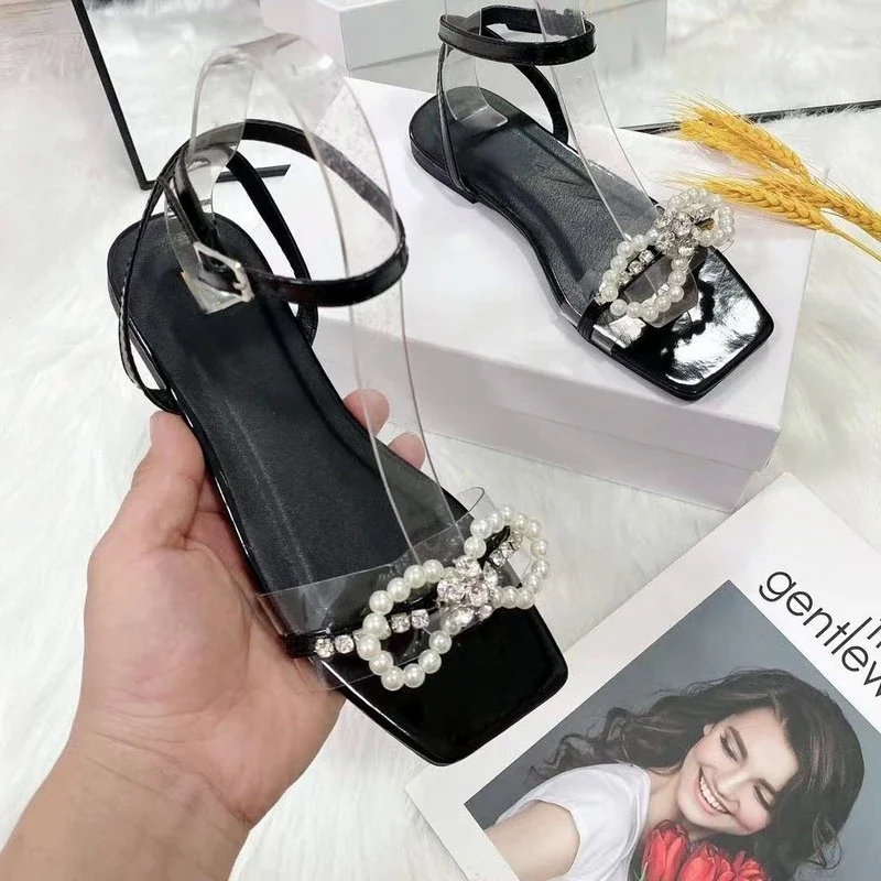Sandalias de Mujer con lazo y perlas, tacones planos, elegantes, con diamantes de imitación, para fiesta, talla grande 42, verano 2023 - imagen 3