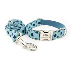 Collar perro grabado nombre con correa a juego – estrellas azul
