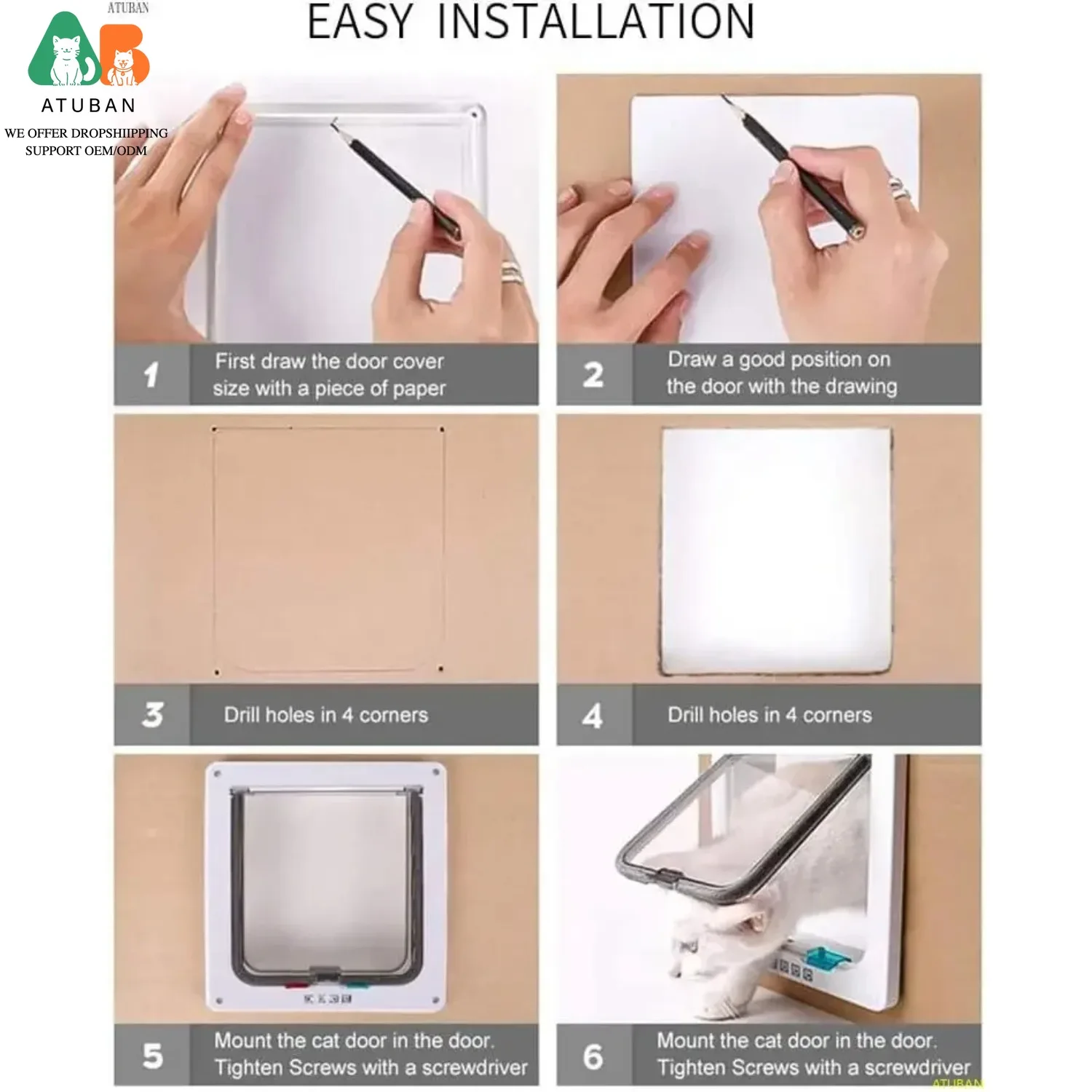 ATUBAN Puerta interior grande para gatos Puerta para mascotas para puerta exterior para gatos Bloqueo de 4 modos Adecuado para ventanas y paredes, Fuerte y duradero - imagen 5