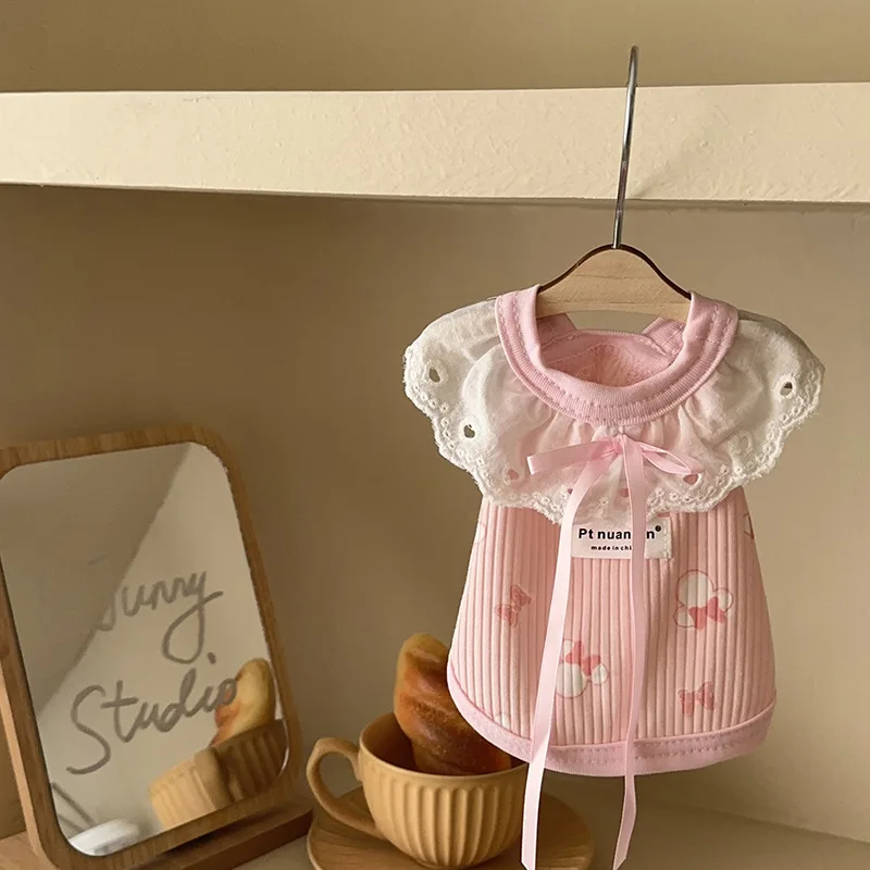 Chaleco con lazo para primavera/verano para mascotas, camiseta para el hogar, bonito cuello de encaje, ropa pequeña para gatos, ropa para cachorros, ropa para perros pequeños - imagen 3