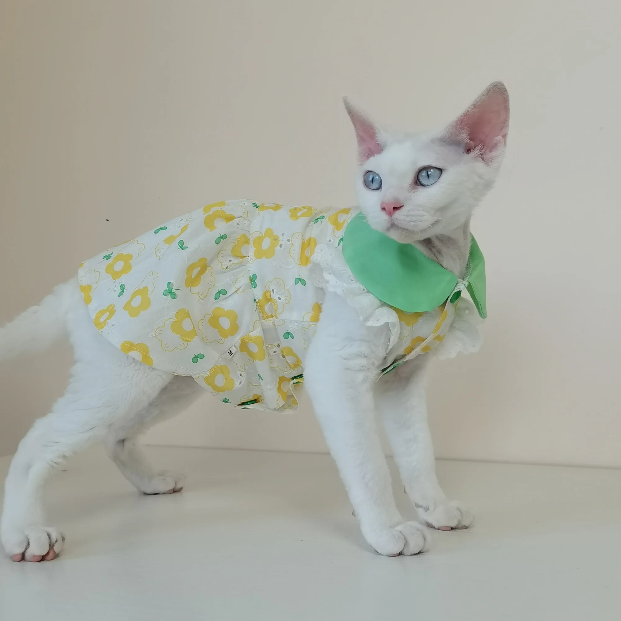 Sphynx-ropa para gatos, vestido de algodón Floral amarillo, falda con cuello verde dulce de verano para mujer, camisola de primavera para gatos, camisa para gatitos - imagen 2