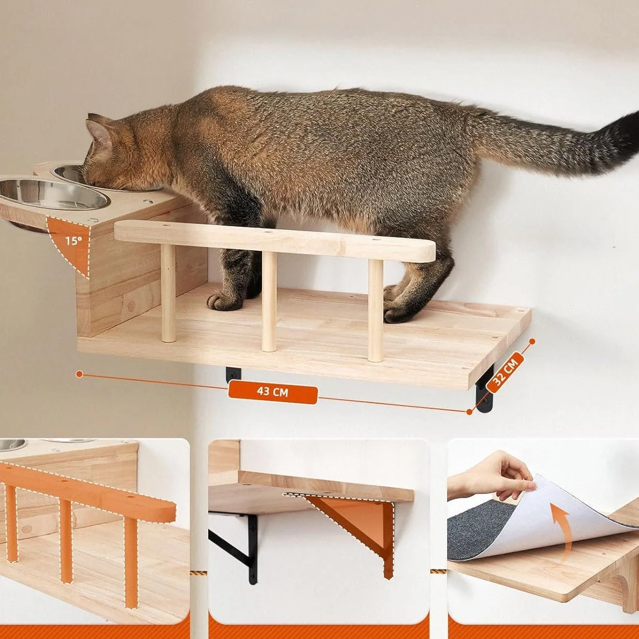 Casa para gatos montada en la pared con comedero de madera sólida