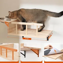Casa para gatos montada en la pared con comedero de madera sólida
