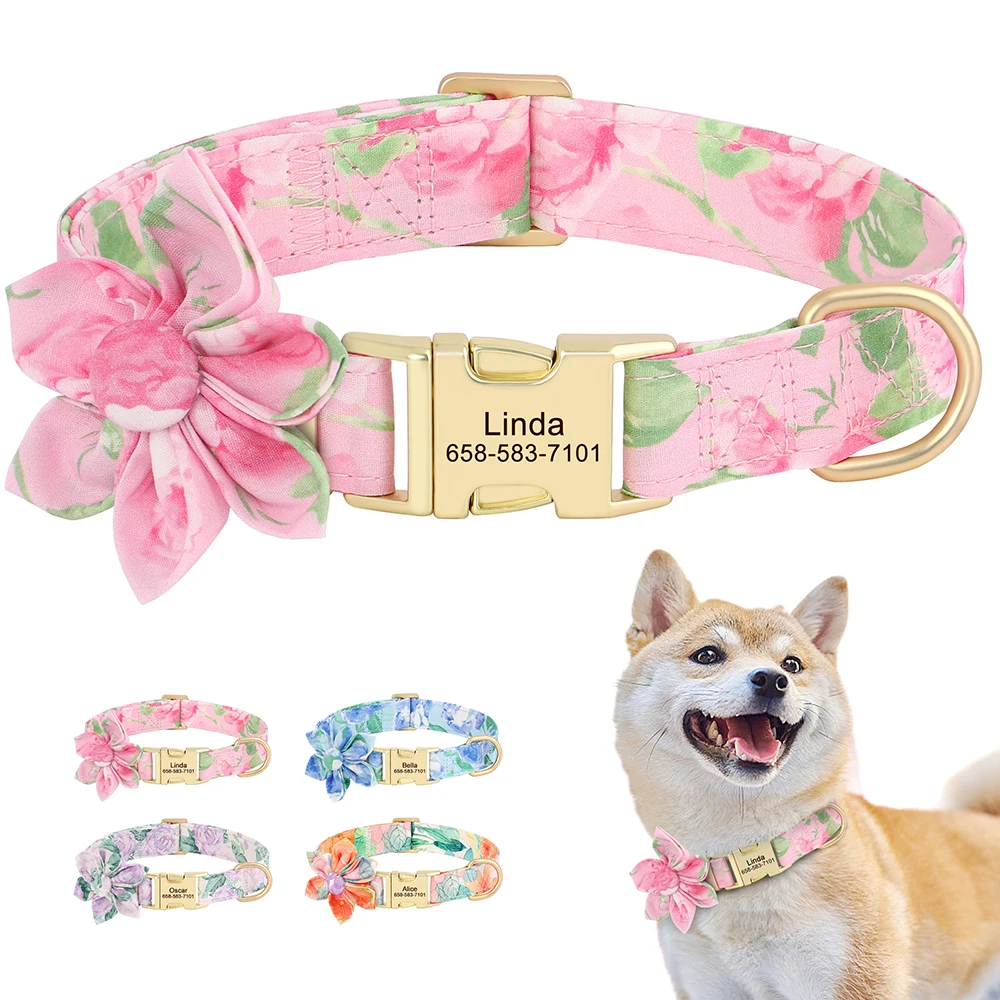 Collar de perro personalizado con estampado de nailon, collares para perros, Collar de identificación personalizado para mascotas con bonita flor para perros pequeños, medianos y grandes, Pug