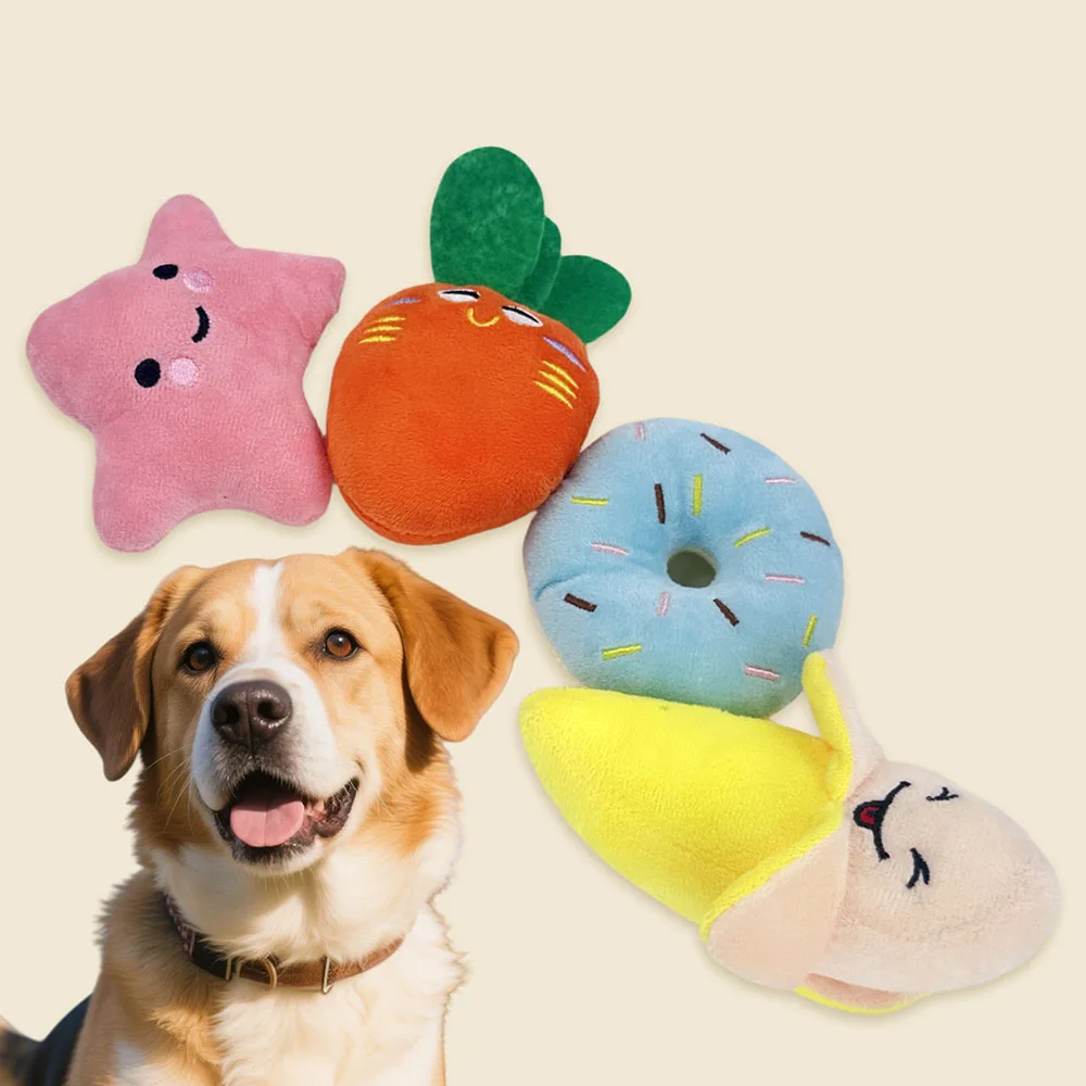 Estrella/banana de juguete para mascotas de frutas de dibujos animados con papel arrugado y chirriador, resistente a mordeduras para gatos y perros para masticar, moler los dientes juegan solo
