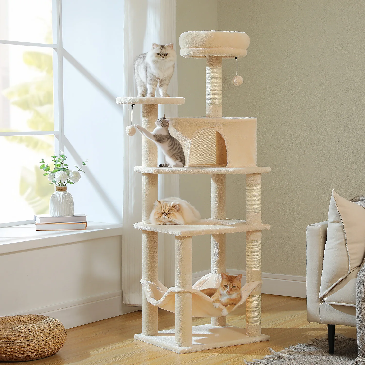 Torre de árbol para gatos de 6 niveles con hamaca súper grande, espacioso condominio, kit antipunta, 2 bolas colgantes, 4 postes rascadores de sisal natural
