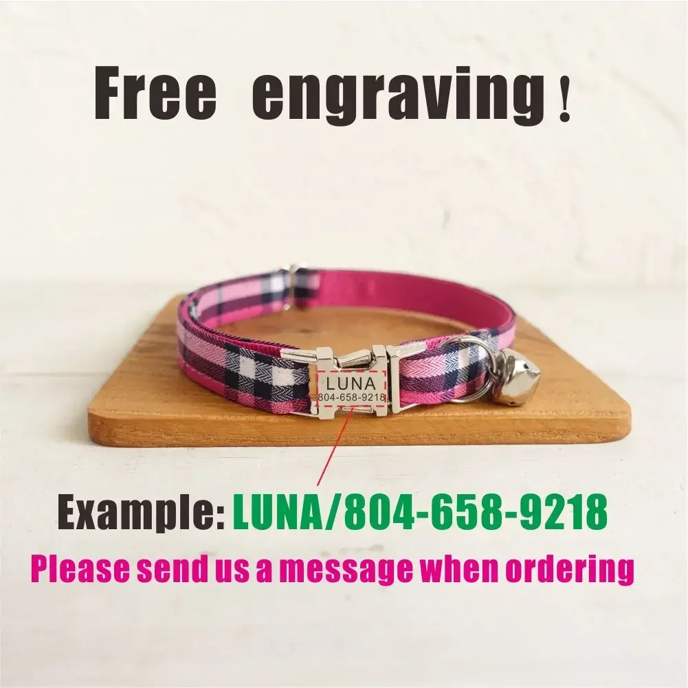 Collar de gato personalizado, contactos de nombre de identificación personalizados, hebilla de metal, collares de gato a cuadros rosas ajustables con campana - imagen 4
