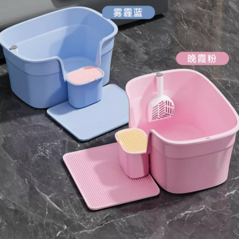 Caja de arena para gatos, inodoro abierto gigante de gran tamaño semicerrado para mascotas, caja de arena para gatos elevada, productos grandes para mascotas