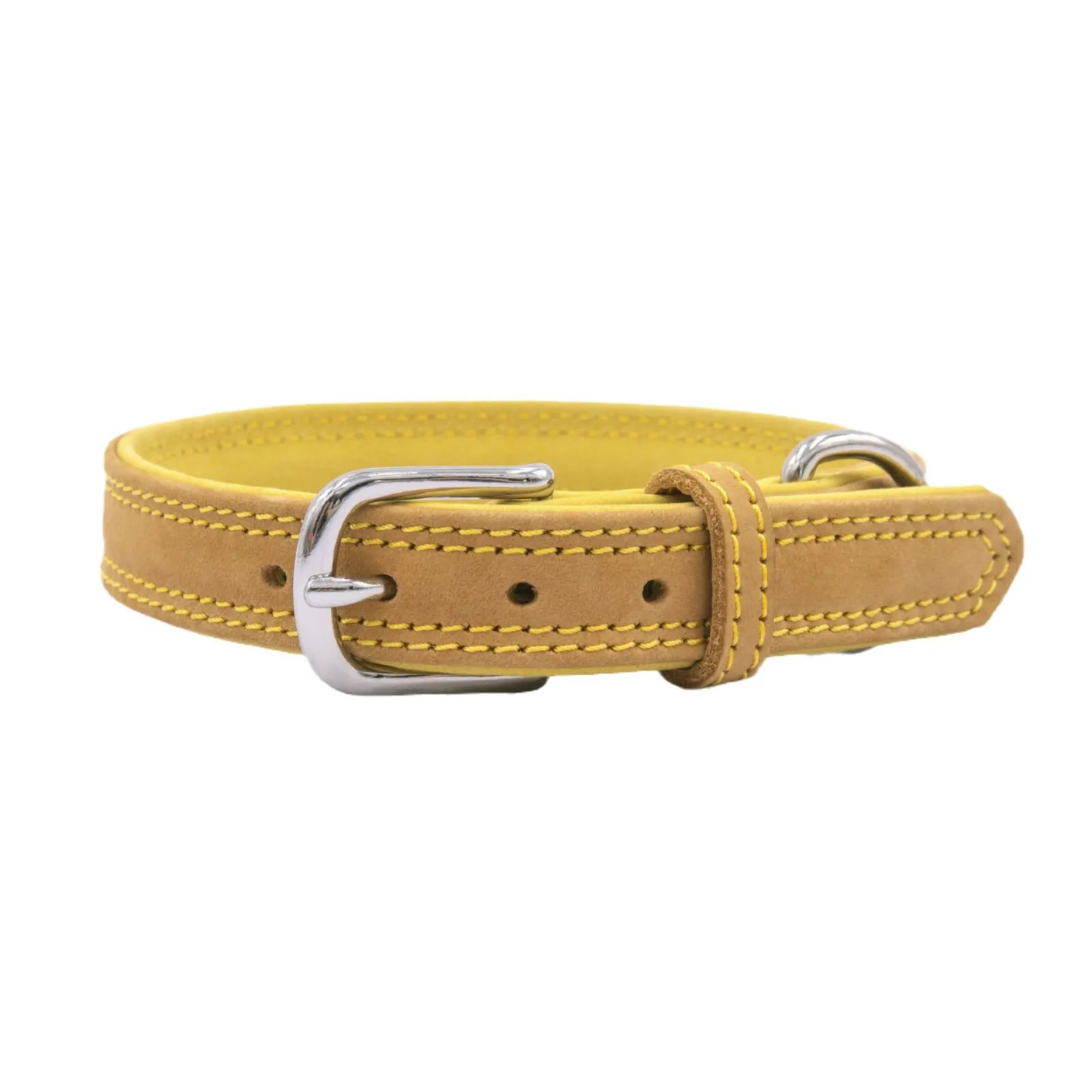 Collar de perro de piel de vaca amarilla de grano superior, Collar de mascota impermeable ajustable de cuero real, cables de perro a juego de dos tonos suaves de doble capa