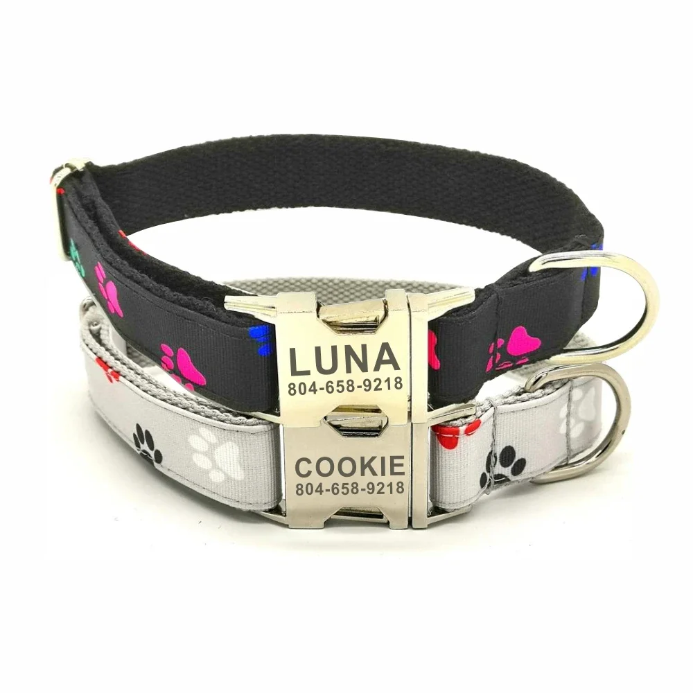 Collar de perro personalizado con grabado gratuito, correa para mascotas a juego, hebilla de Metal de contactos personalizados, Collar de patas grises arcoíris