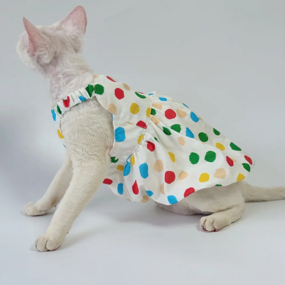 Vestido de algodón para gato Sphynx, falda de lunares arcoíris dulce de verano para gata, camiseta sin mangas de primavera para Devon Rex - imagen 4