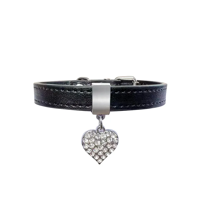 Collar de cuero para perros pequeños, Collar ajustable para cachorros con diamantes de imitación de lujo, diseño colgante de corazón, accesorios para mascotas Chihuahua - imagen 2
