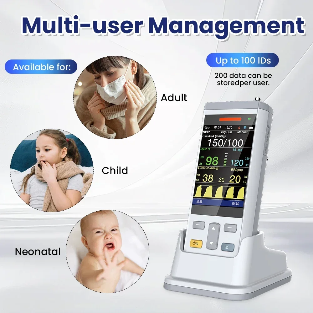 PC100E Monitor de paciente portátil de 3 parámetros para adultos y niños recién nacidos SpO2 NIBP ETCO2 monitoreo de signos vitales - imagen 3