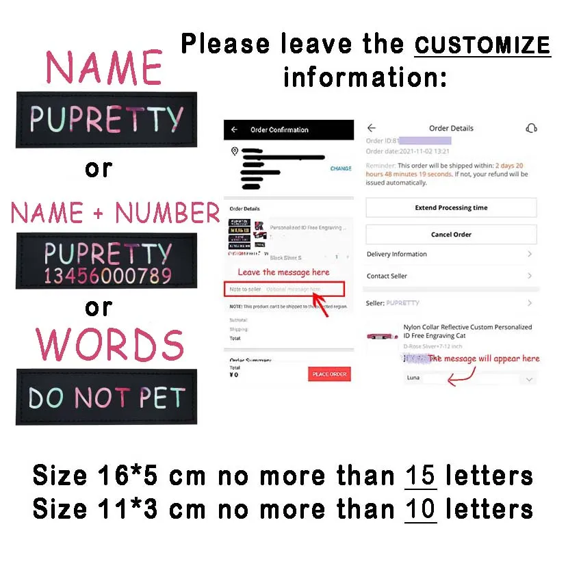 Etiquetas personalizadas con lazo colorido para arnés de perro