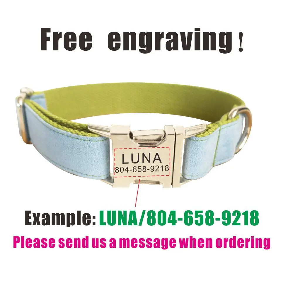 Collar de perro personalizado, correas a juego, nombre de identificación personalizado, hebilla de contactos, collares ajustables de terciopelo suave Multicolor para perros y mascotas - imagen 4