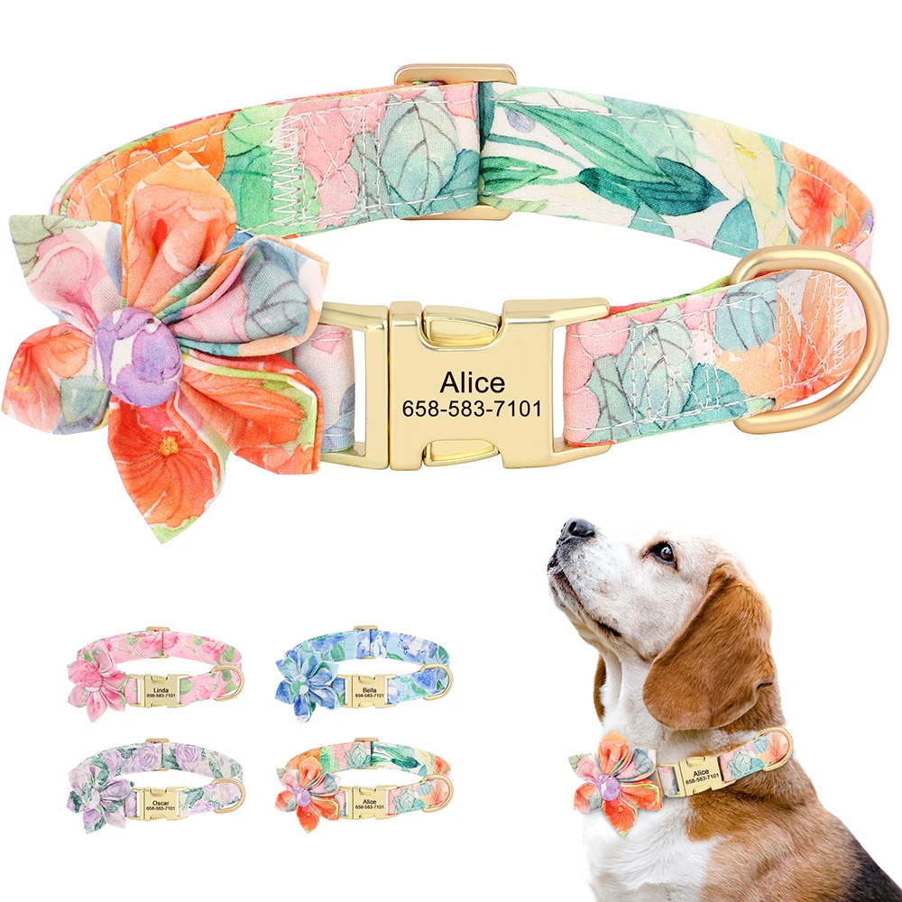Collar de perro personalizado de nailon, collares para perros con estampado de flores, Collar de identificación personalizado para mascotas, ajustable para perros pequeños, medianos y grandes, Pug
