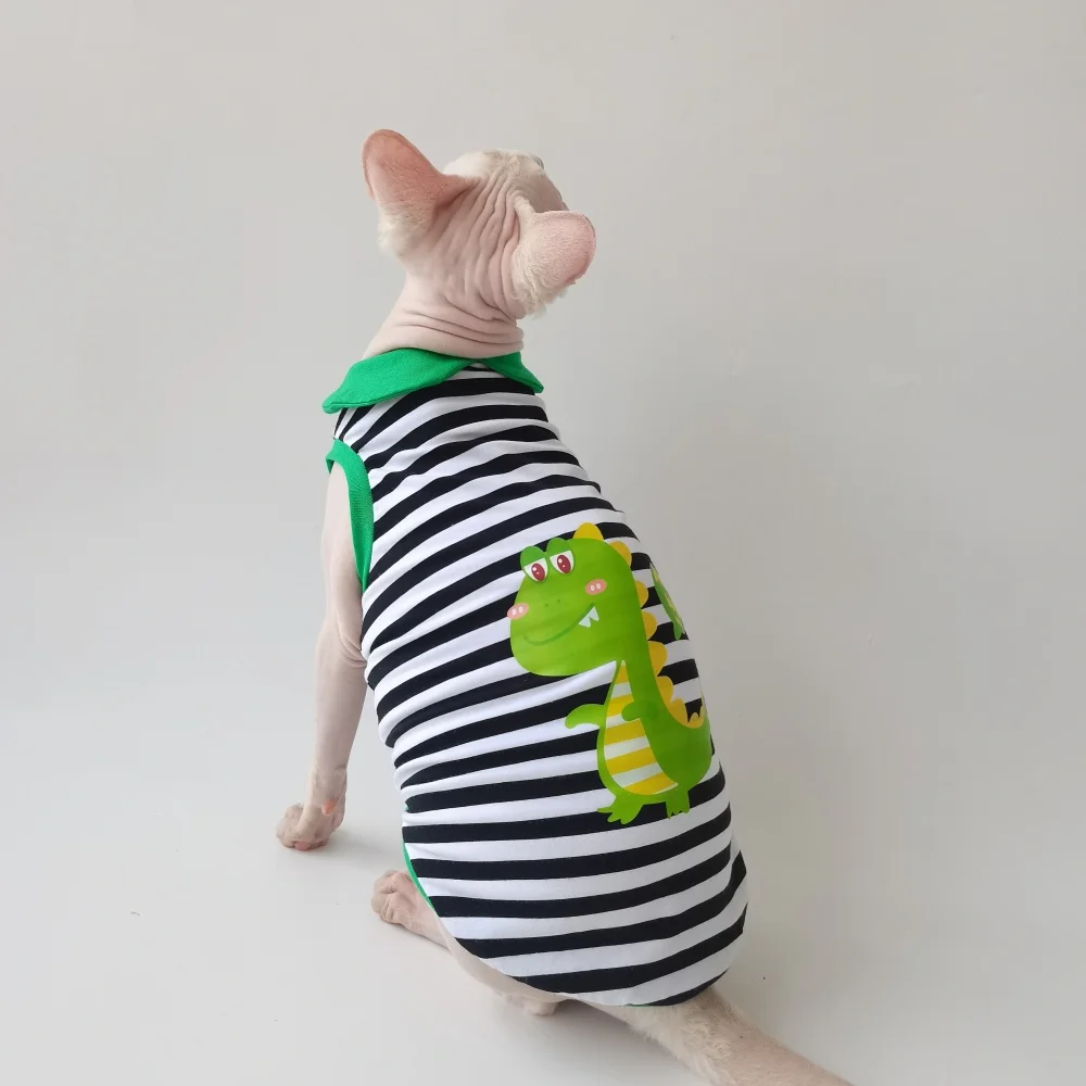 Cartoon Striped T-shirt for Sphynx Cat in Spring Summer Cute Blue Dinosaur Polo Suit Black Sleeveless Fashion Vest for Devon Rex - imagen 2