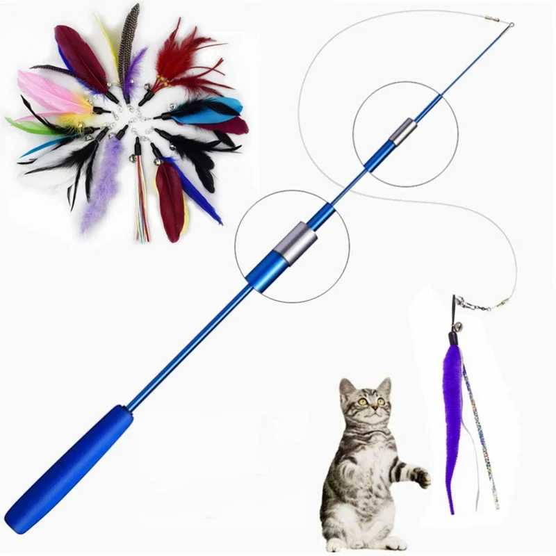 Juguetes para gatos de compañía, varilla telescópica súper larga de tres secciones, palo de rompecabezas para gatos, cabezal de repuesto de plumas, suministros para gatos, nuevo - imagen 2