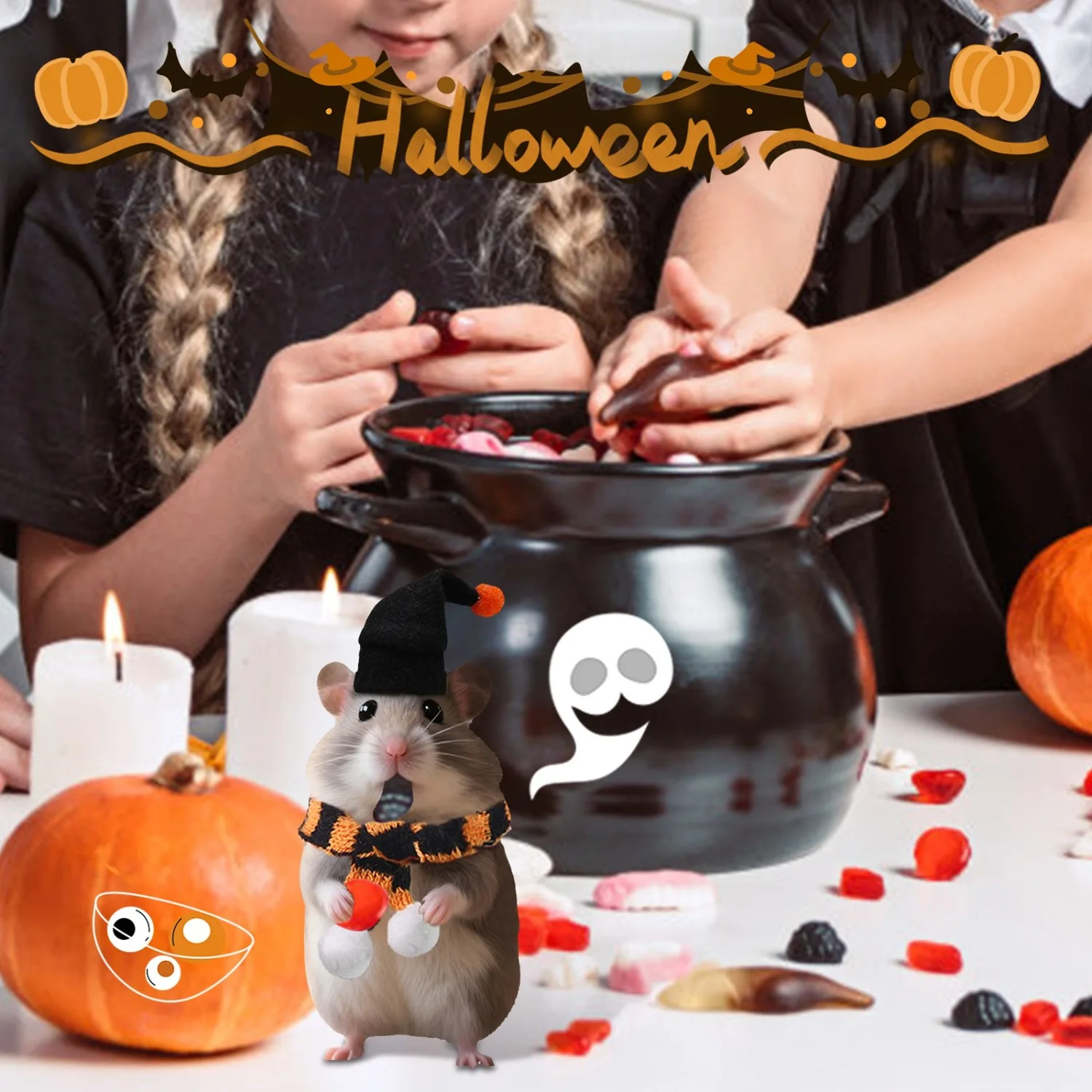 Conjunto de gorro y bufanda de hámster de punto para Halloween, Mini animales pequeños, disfraz de Halloween para mascotas, traje para fiesta de Navidad y vacaciones - imagen 5