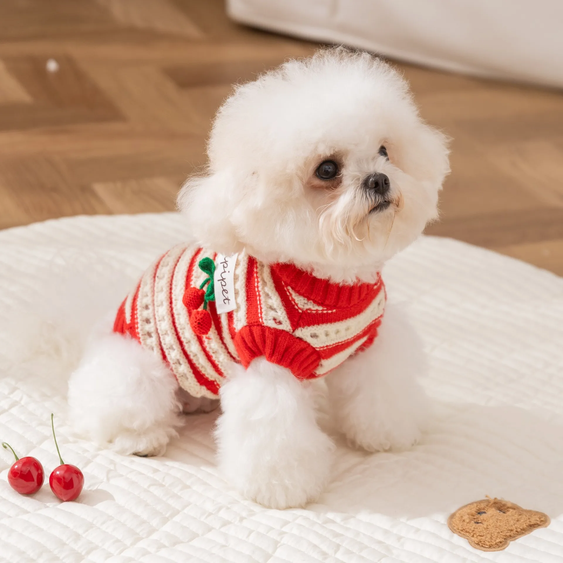 Suéter de punto de Navidad para mascotas, suéter a rayas de cereza roja, ropa para perros pequeños de peluche, ropa para perros de dos patas, Otoño/Invierno - imagen 2