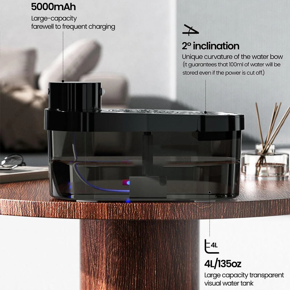Fuente de agua inalámbrica para gatos, bomba silenciosa con pilas con LED interior de acero inoxidable con 3 modos de trabajo, Sensor para perros y gatos - imagen 5