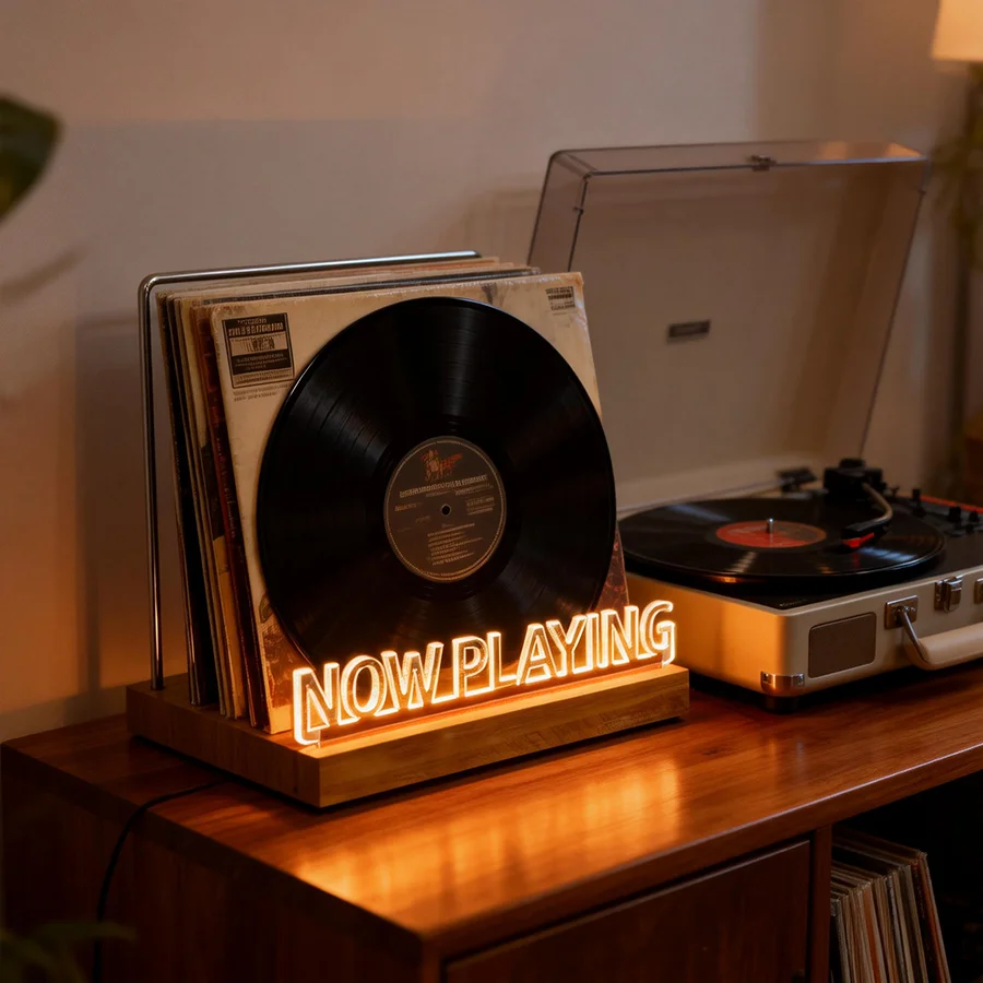 Soporte exhibiendo un disco de vinilo en estantería