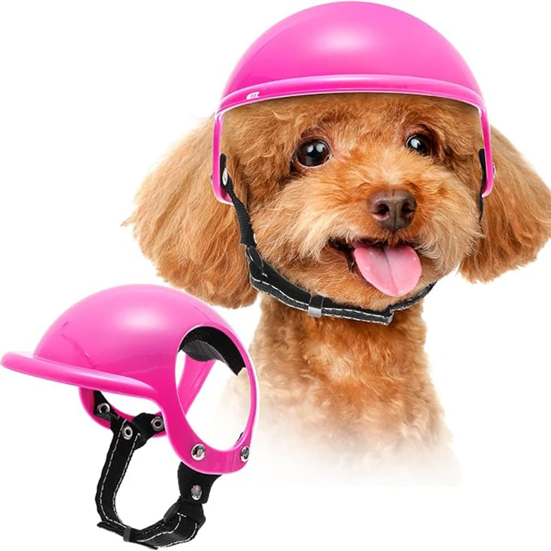 Casco rosa para perros pequeños y medianos, casco de motocicleta para mascotas con orificios para las orejas, gorro de seguridad para perros con cinturón ajustable para caminar al aire libre