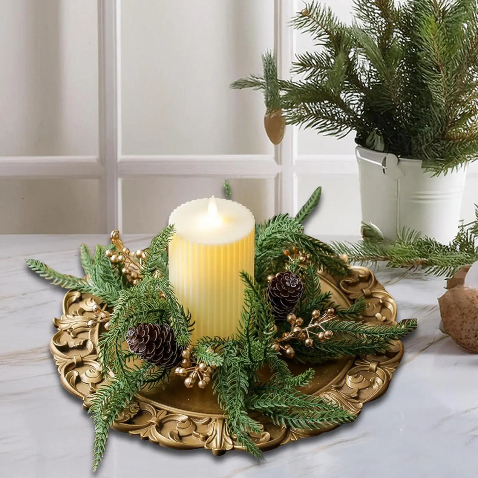 Christmas Artificial Candle Ring Wreath Creative, Decorative, Table Centerpiece Pine Needle Wreath for Holiday Living Room Desk